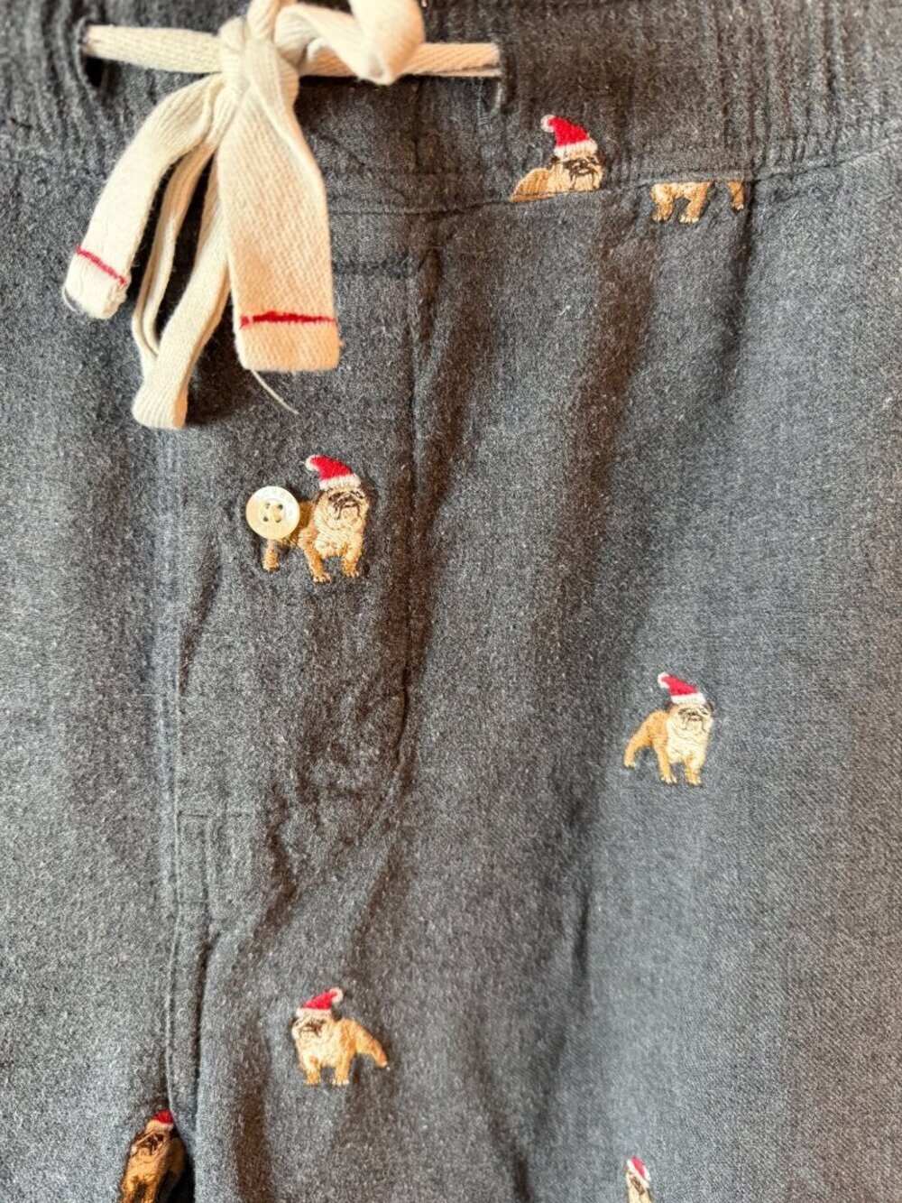 J. Crew Mens Gray Flannel Pajama Pants With Embroidered Dogs In Santa Hats Size - Picture 2 of 6